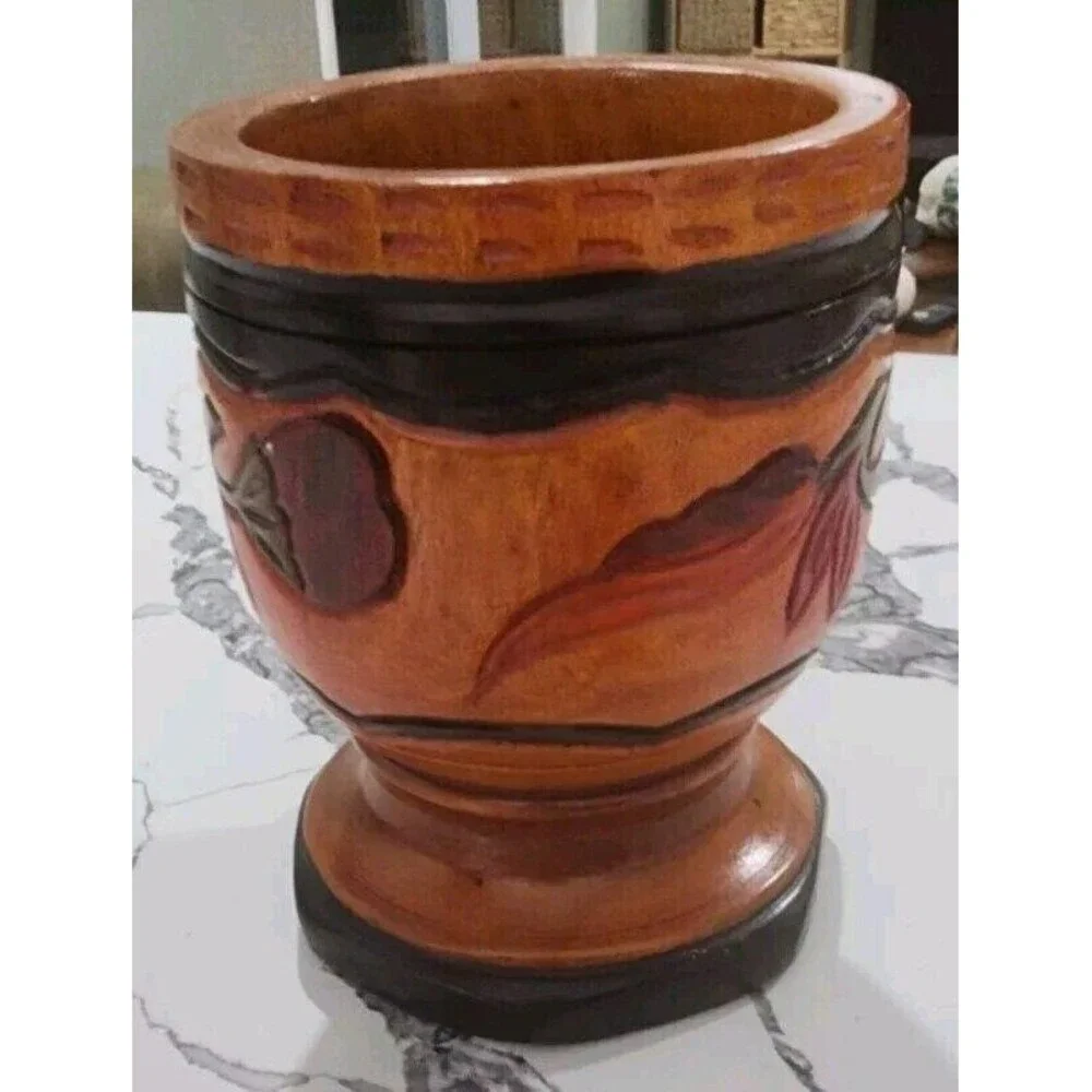 Vintage‎ Wood Hand Turned Carved Floral Three Tone Mortar and Pestle LARGE